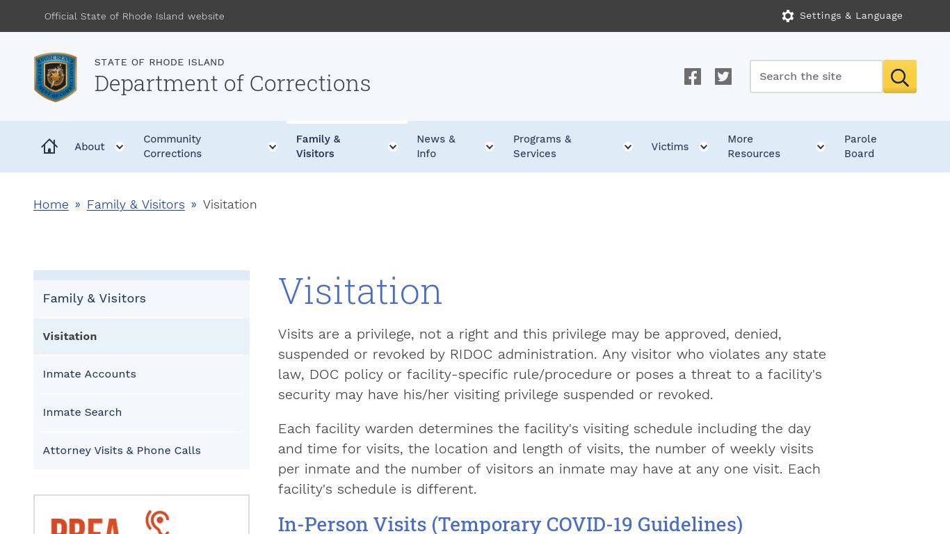 Visitation - Rhode Island Department of Corrections